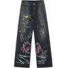 American graffiti print straight jeans women's spring new high street design sense loose wide leg mopping pants
