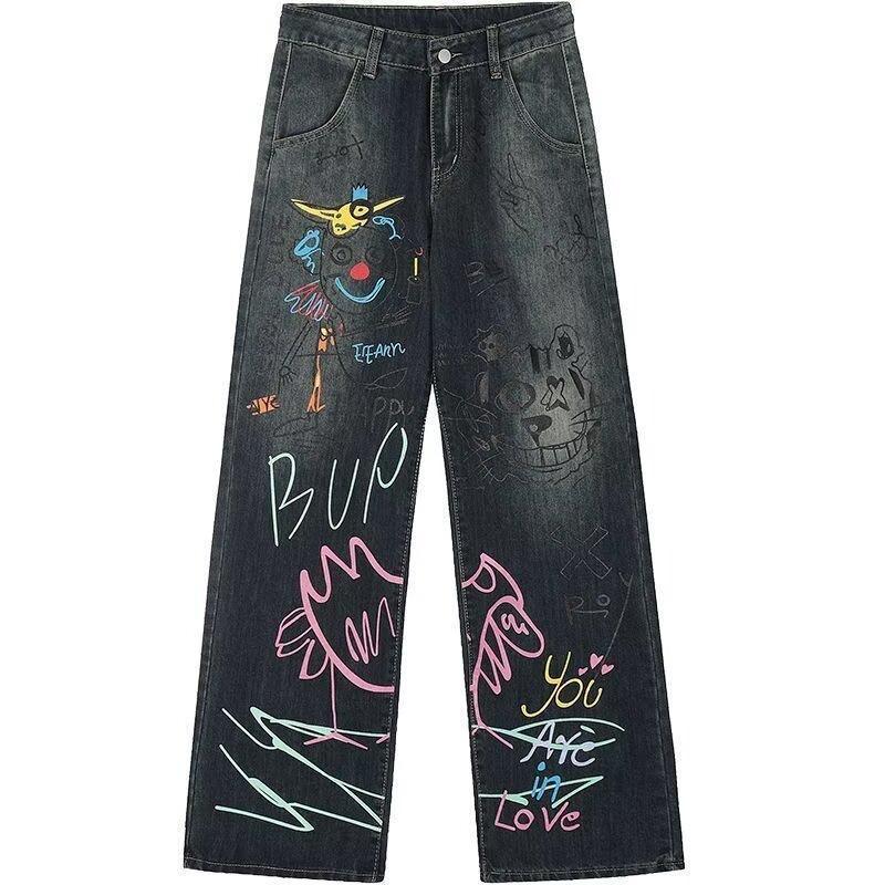 American graffiti print straight jeans women's spring new high street design sense loose wide leg mopping pants