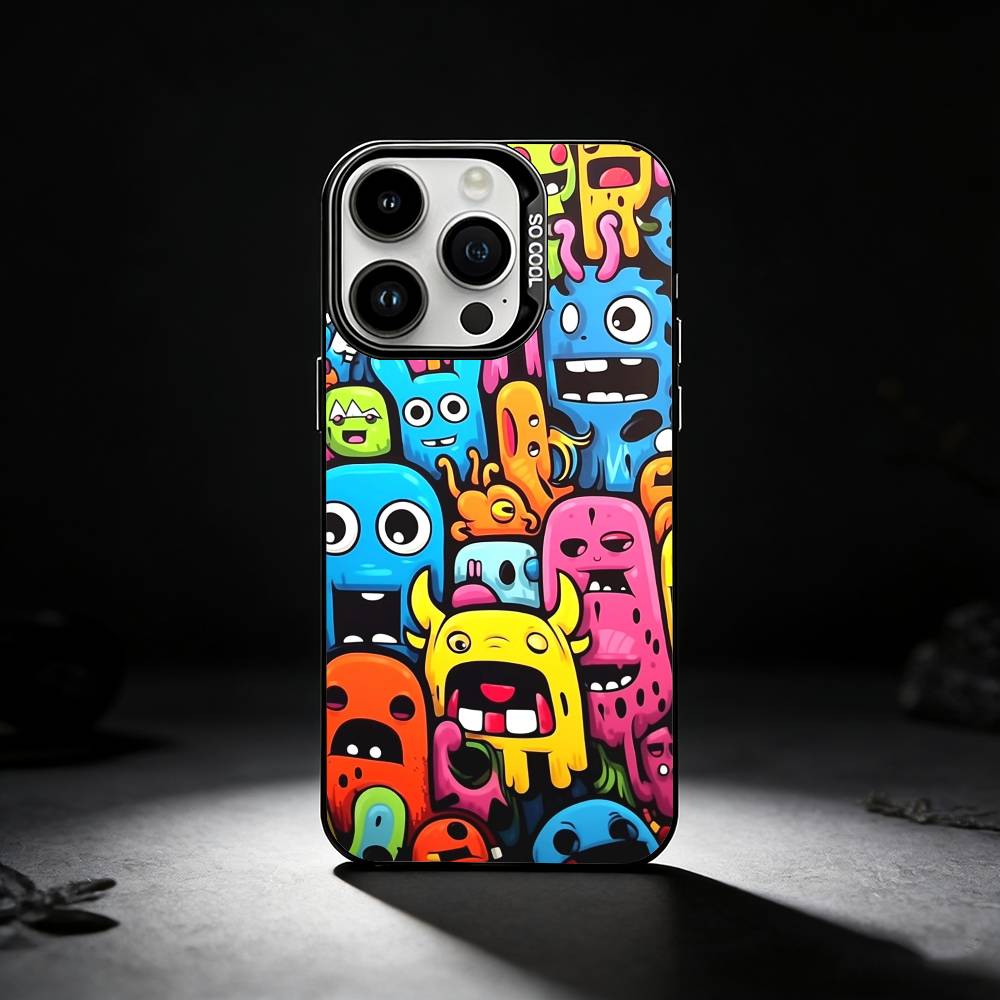 Cartoon Graffiti Phone Case For iPhone 17,16,15,14,13,12,11 Plus,Pro Max,XS,Colored silver phone case