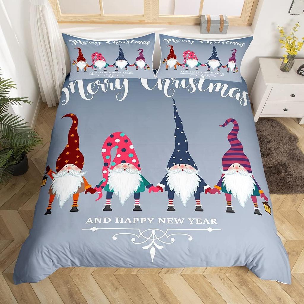 Frohe Weihnachten Bettwäschesets Weihnachten Weihnachtsmann Zwerge Bettbezug Schneefall Weihnachtsmann Bettwäschesets für Kinder Jungen Mädchen Deko
