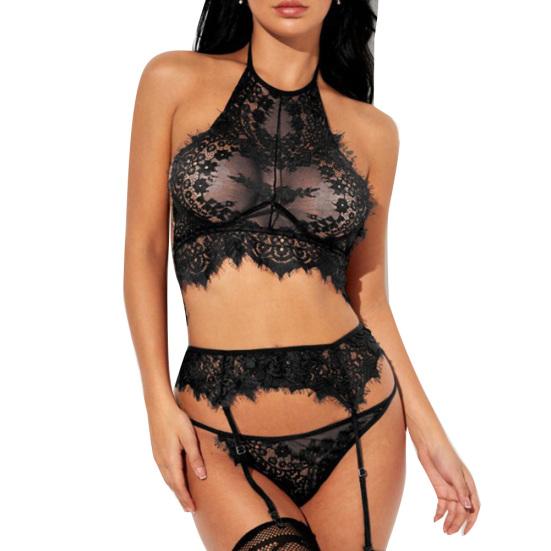 3Pcs Sexy Women See Through Floral Lace Babydoll Bra Briefs Garter Underwear Set