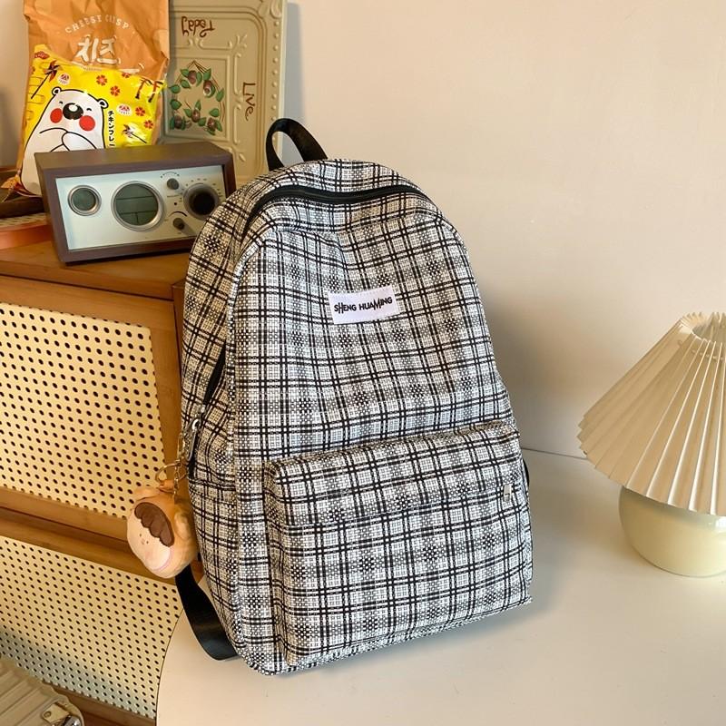 Checkered Letter Pattern Student Casual Backpack With Plush Pendant For Casual Travel