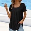 Summer Casual T-shirt Square Collar Short Sleeve Pleated Tee Shirt Solid Color Loose Fit A-Line Home Date Office Tops