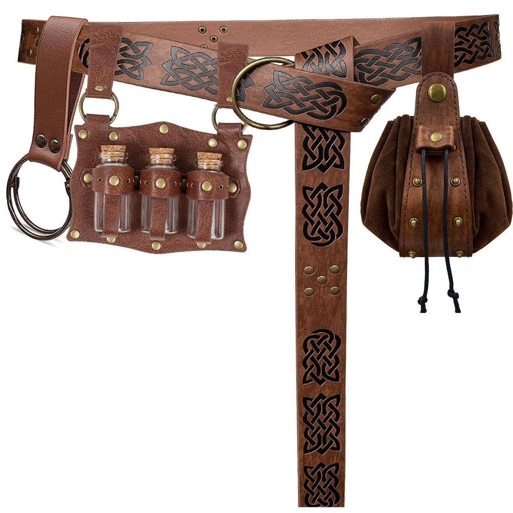 Medieval Leather Waistband Belt with Cord and Pouch