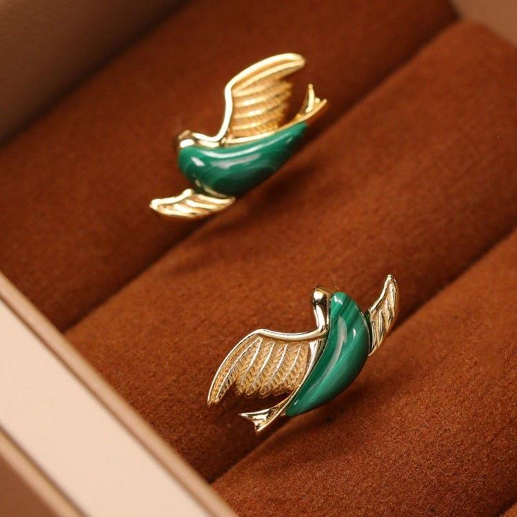Fleeting Birds Collection: 18K Gold-Plated S925 Silver Malachite Bird Stud Earrings - Retro Light Luxury Jewelry Gift 18K gold pair (includes earring back)