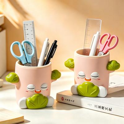 Lovely Cartoon Plant Resin Pen Holder Desk Organizer Decorative Stationery Cup for Kids Home Office Tabletop Art Display