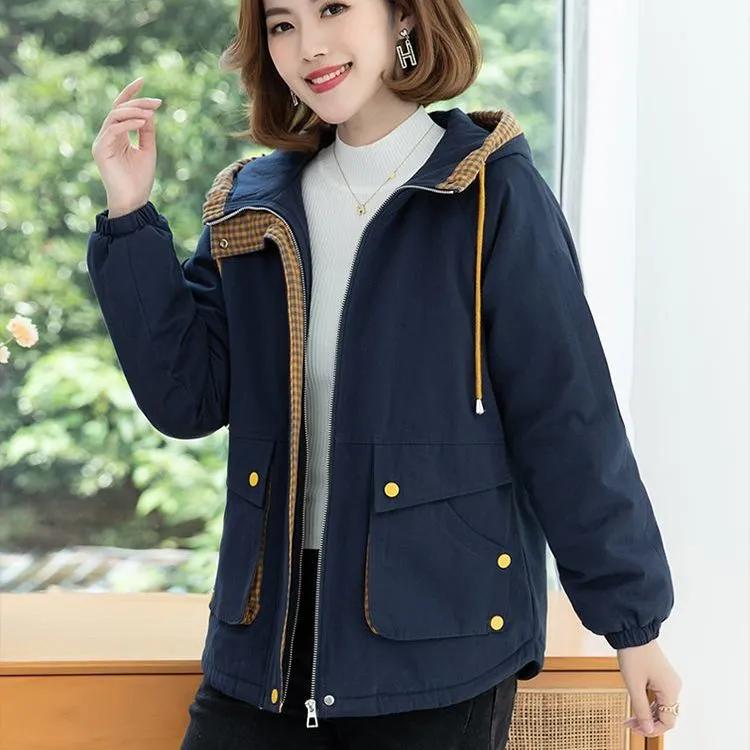 

Женская осенне-зимняя флисовая куртка для женщин среднего возраста, корейская версия, повседневная теплая куртка с капюшоном S темно-синий