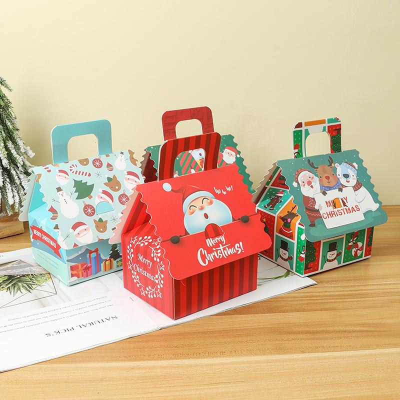 4 Stück Weihnachts Hausform Geschenkboxen Kraftpapier Süßigkeiten Kekse Geschenkverpackungsbox mit Henkel Weihnachtsbaum Anhänger Partyzubehör