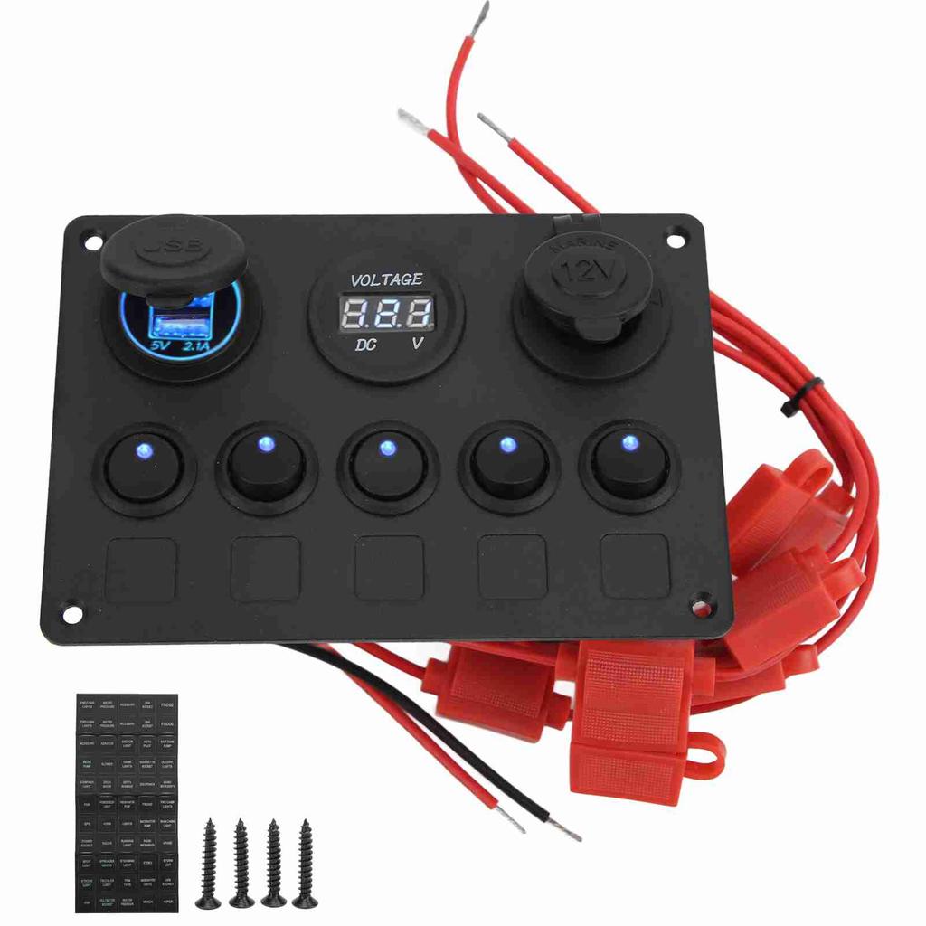 Panel de interruptores basculantes redondos de 12 y 24 V con 5 posiciones, doble puerto USB, cargador de coche, protección contra sobrecalentamiento y uso en barcos.