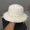 European and American Retro White% Wool Fisherman's Top Hat Women's Dome Jockey Club Lampshade Hat Pearl Feather Decoration