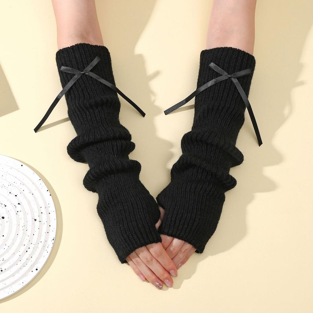 Fine Lined Bow Knot Fingerless Pile Gloves for Women In Autumn and Winter College Style Sleeves Knitted Warm Fake Sleeves