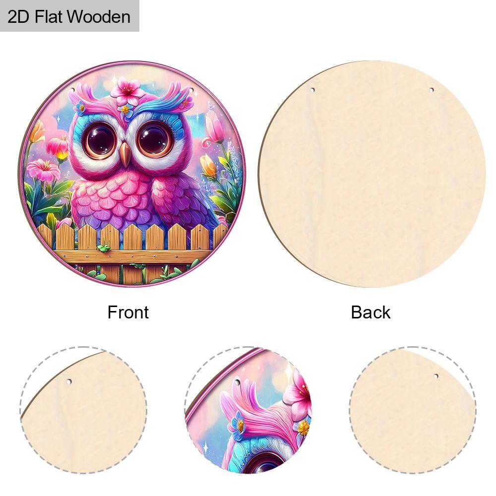 2D flat wooden hanging decorative signs, home wall or door decoration, garden decoration, the pattern is a purple owl, housewarming gift for friends