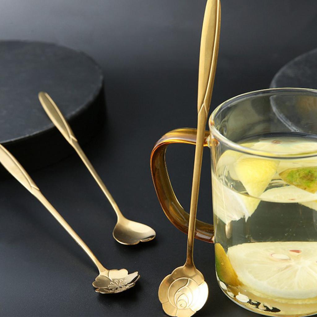 Stainless Steel Long Handle Coffee Spoon Flower Shaped Dessert Mixing Spoon for Kitchen Cafe Home Use Durable Design