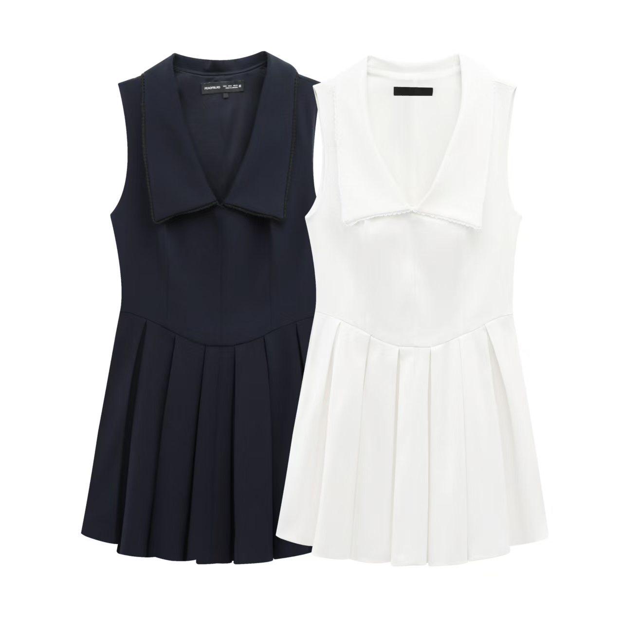 

Women s Spring Pleated V-Neck Sleeveless Short Dress Medium белый