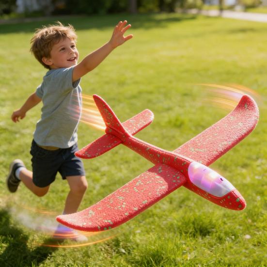Large Foam Glider with LED Lights EPP Hand Throw Airplane Toy for Kids Outdoor Flying Toy for Boys Girls Crash-Resistant Outdoor Play Gift for