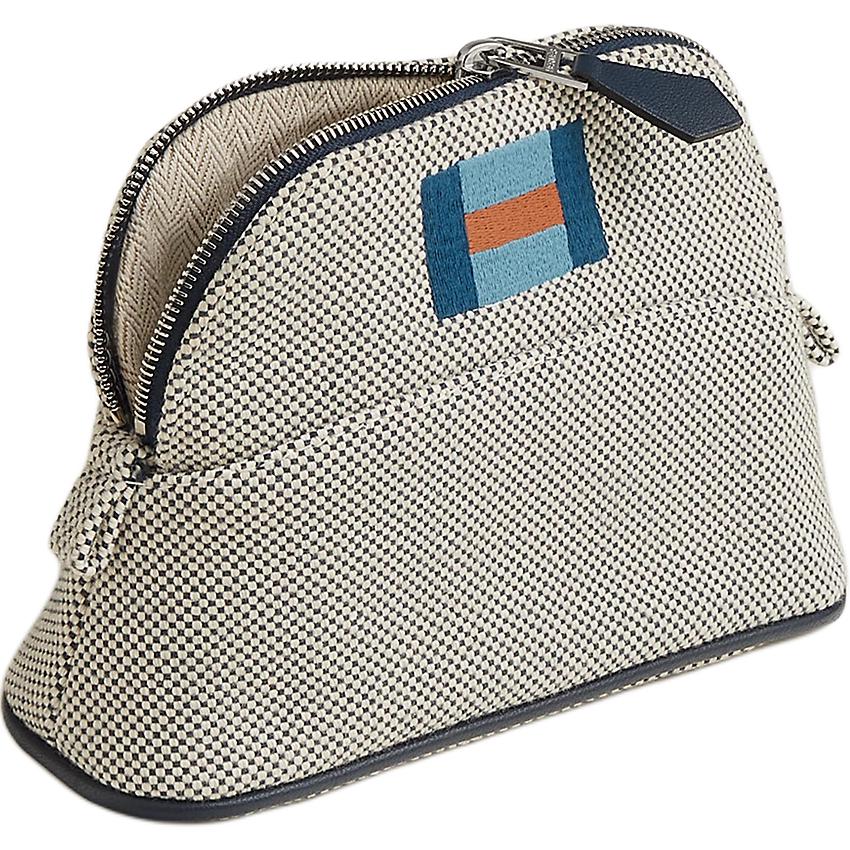 Hermes Bolide Casaque 16 Silver Buckle Cotton Travel Storage Bag Mini Women Bags Ocean-Blue Beige H103970MV04 Box Included