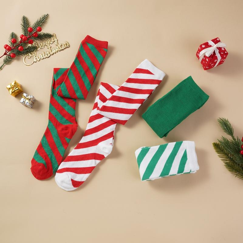 Christmas Green Red Cotton Stocking Striped Over The Knee Bowknot Long Socks