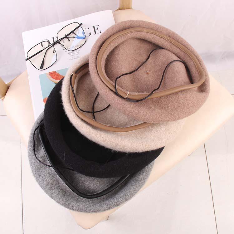 Autumn and Winter Women Ins Fashion Versatile Solid Color Pu Leather Edge Bud Hat Woolen Painter Hat British Retro Beret