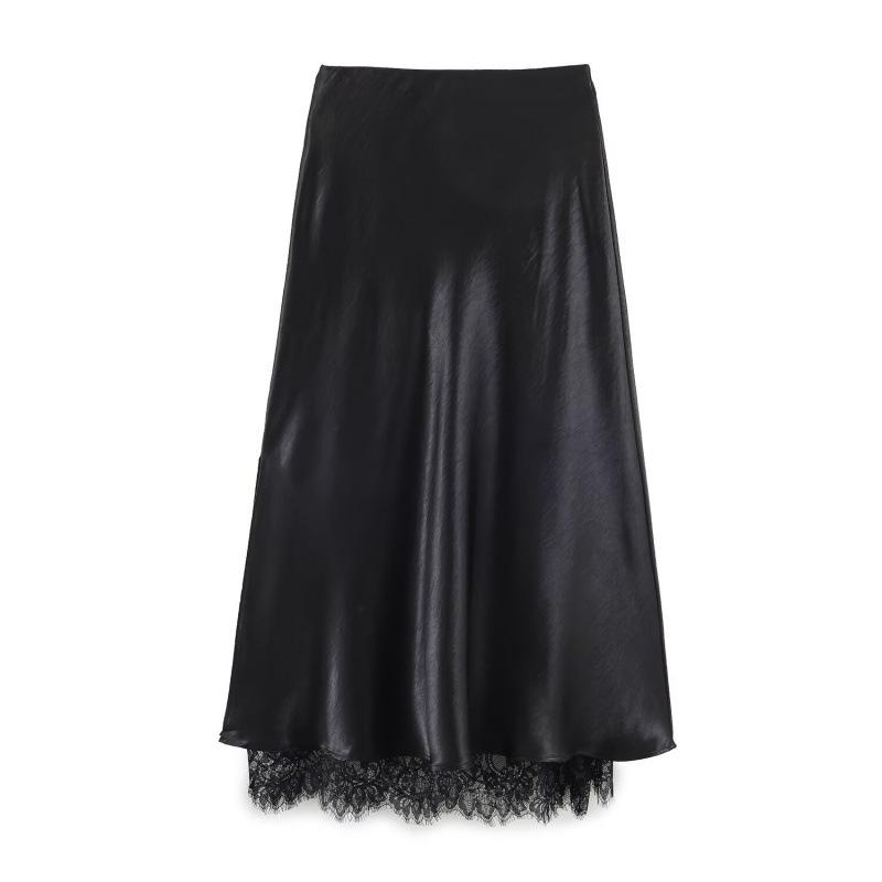 2026 European American Satin Lace Patchwork Slit Skirt