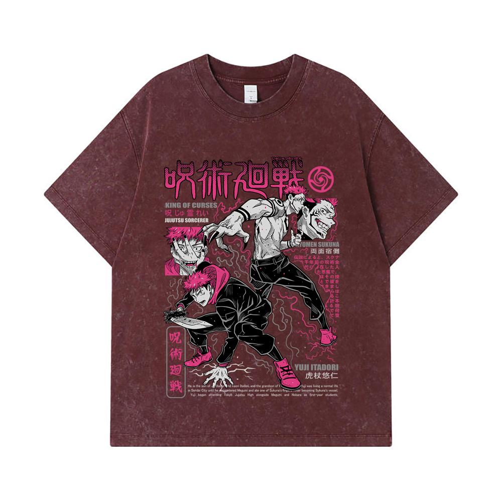 275 GSM Washed T-shirts 100% Cotton Jujutsu Kaisen V34 Yuji Sukuna Print Unisex Heavy Cotton T Shirt