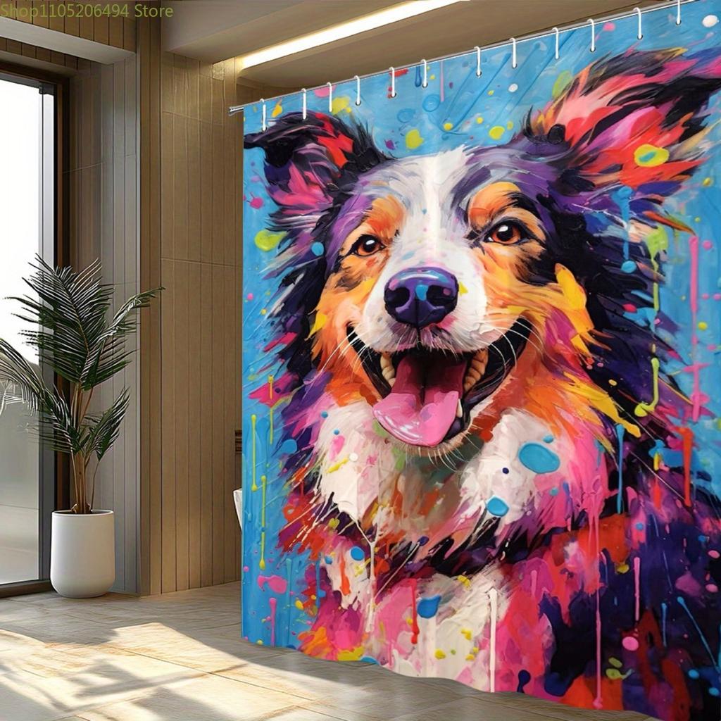 One Colorful Abstract Dog Portrait Bathroom Shower Curtain | Quick Drying, Machine Washable, Polyester, with 12 Hooks, Fashion