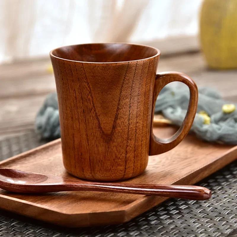 Handmade Wooden Cup Coffee Beer Tea Mugs Big Belly Cup with Handle Retro Teacup Kitchen Bar Cafe Home Office Decoration Supplies