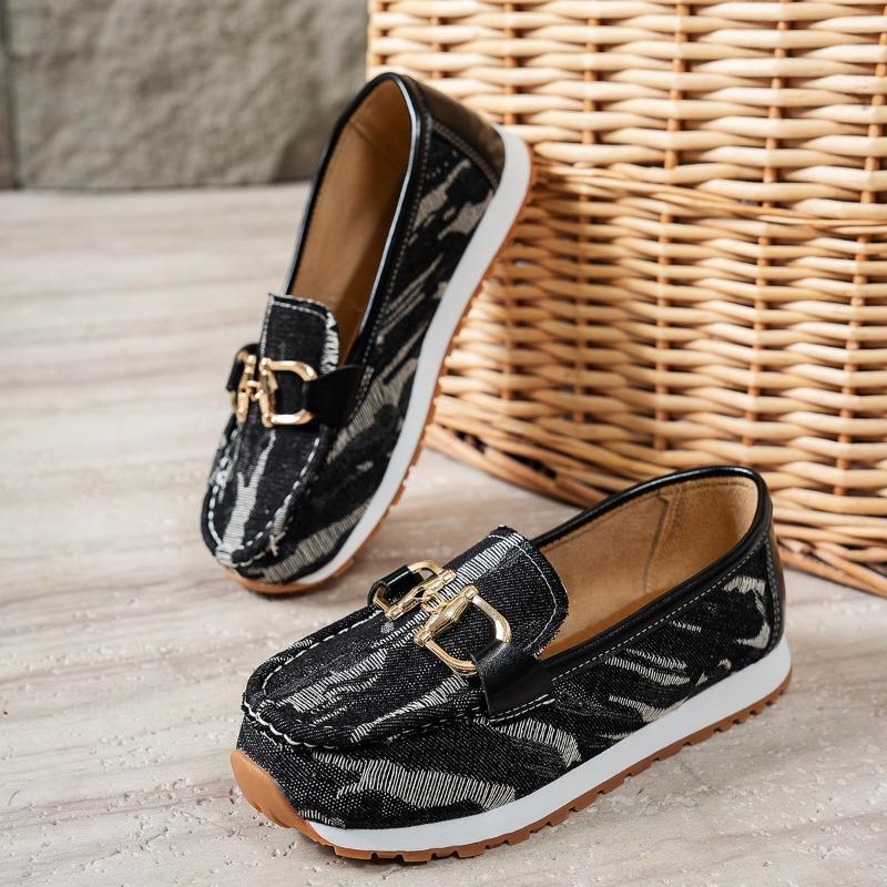 Fashion Women's Fashion Flat Shoes Fall New Round Head Denim Deep Mouth Metal Chain Anti-slip Wear-resistant Low-top Shoes