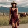 Retro Western Style Deep V Spaghetti Strap Fringe Slim Fit Vest Dress