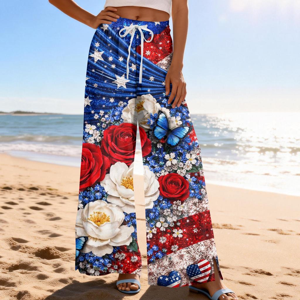 Dámské letní boho palazzo kalhoty s vysokým pasem a širokými nohavicemi, tisk, ležérní kalhoty s kapsami