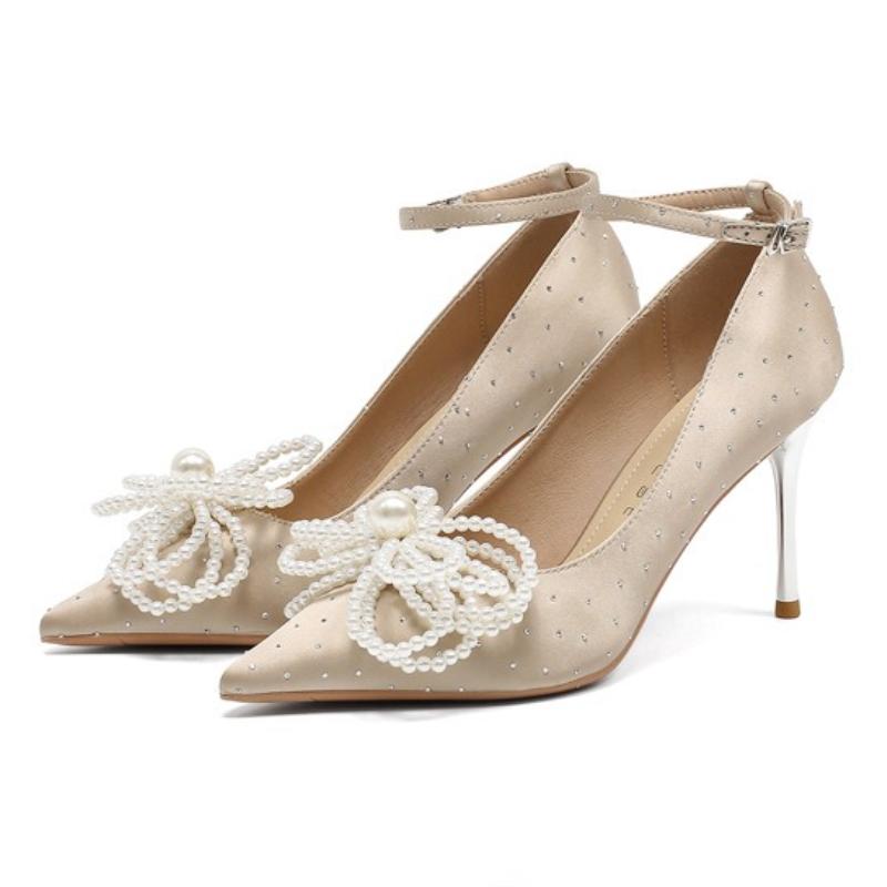 Mode Elegant String Perle Schleife Dekorative Pumps Damen Luxus Spitzzehe Kristall Knöchelschnalle Designer Schuh Mode Hochzeit Brautschuh