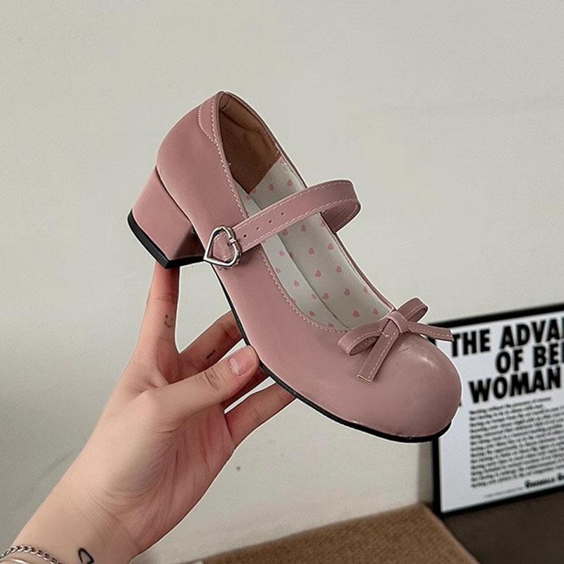 Fashion Bow Shallow Mouth Cute Pumps Spring Autumn Temperament Thick Middle Heel Mary Janes Shoes Solid Round Toe Suede Pumps for Women