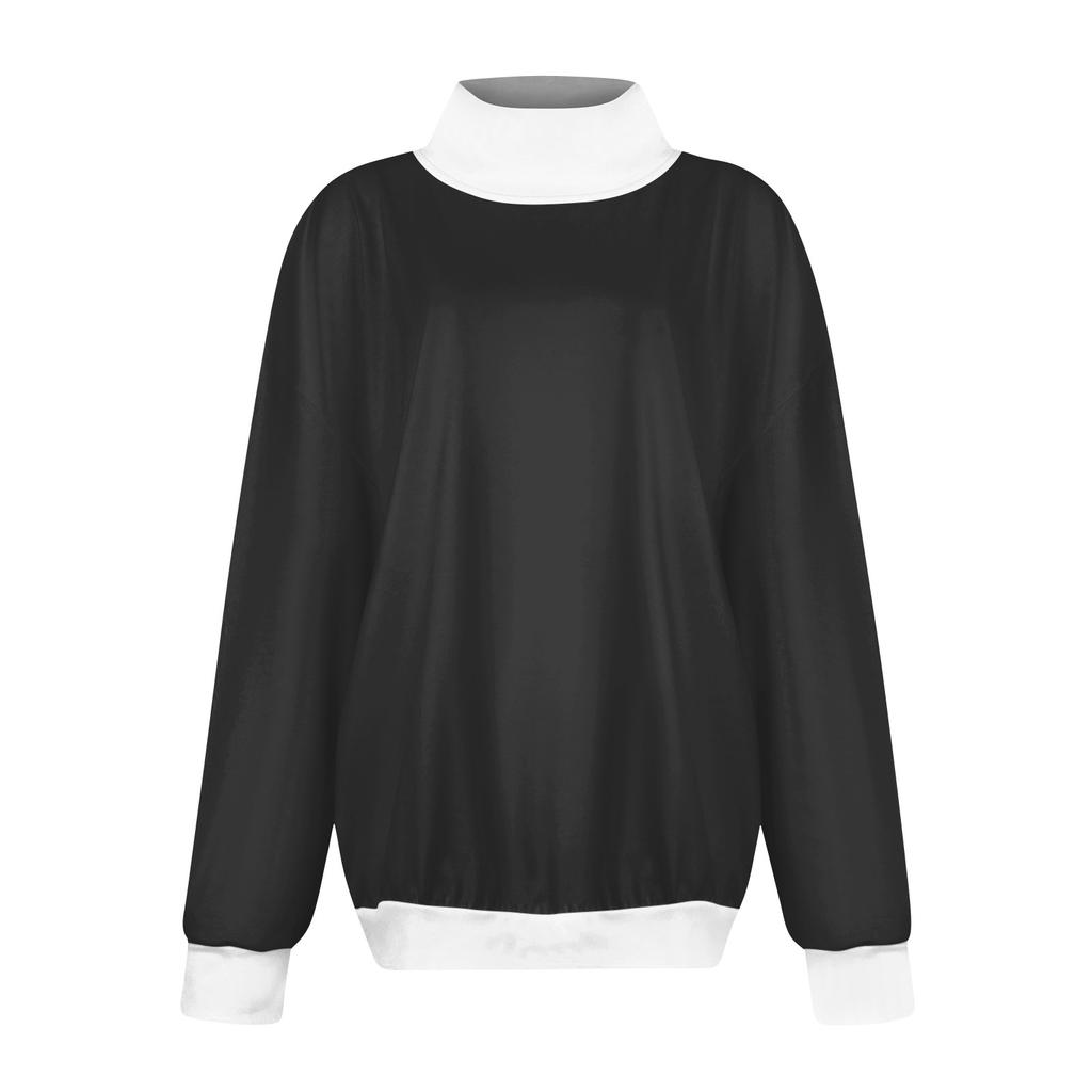 Women's Fashion Color Block Long Sleeve Loose Slit Half Turtleneck Sweatshirt Top