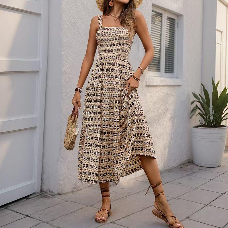 

Fashion Style Summer New Arrival Smocking Skirt a Swing Strap Backless Dress Printed Backless Dress Khaki L