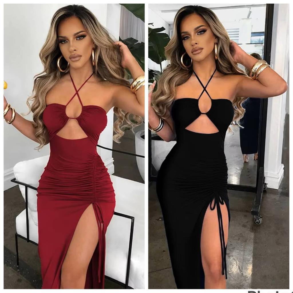 Sleeveless Sexy Slim Female Midi Dress Slim Hollow Out Backless Shoulder Off Halter Night Club Partywear Clubwear Women Bodycon Elegantes Strap