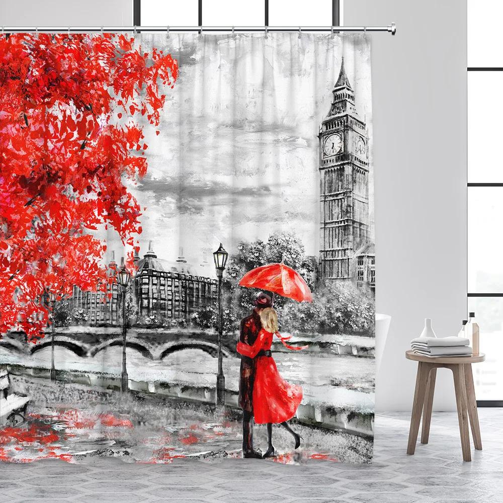 Vintage Paris Tower Shower Curtain Pink Floral Romantic Lovers City Street Scenery Modern Fashion Bathroom Curtains Fabric Decor