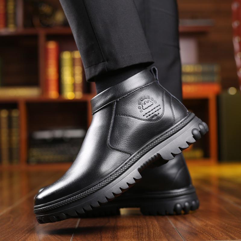 Zimní kožené vlněné teplé pánské bavlněné boty sametové vysoké kožené boty pánské boty protiskluzové a odolné proti opotřebení