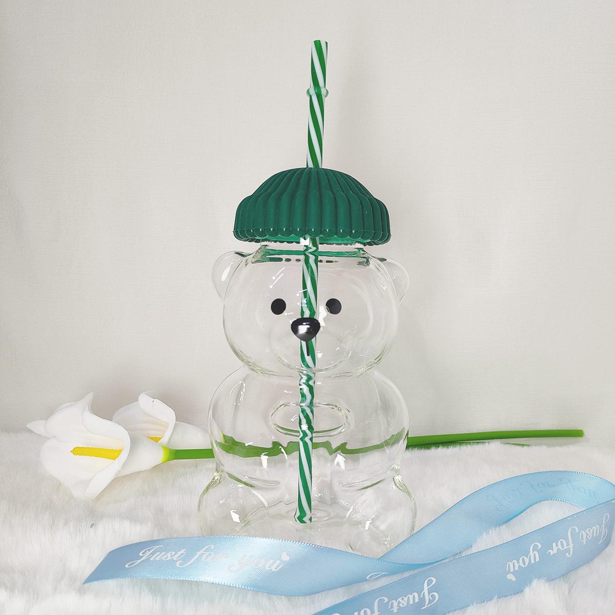 

20oz Bear shaped Coffee Glass Cup Straw Cup Cute Cartoon Creative Glass Juice Cup Tea Cup Beverage New Year Decoration 20oz