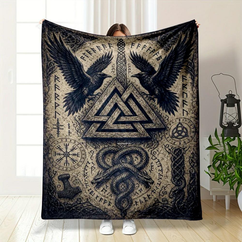 Viking Symbols with Ravens and Serpents Design Flannel blanket for bedroom, living room, sofa, and nap