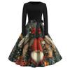 Women's Fashion Round Casual Slim Fit Christmas Print Large Swing Long Sleeve Dress