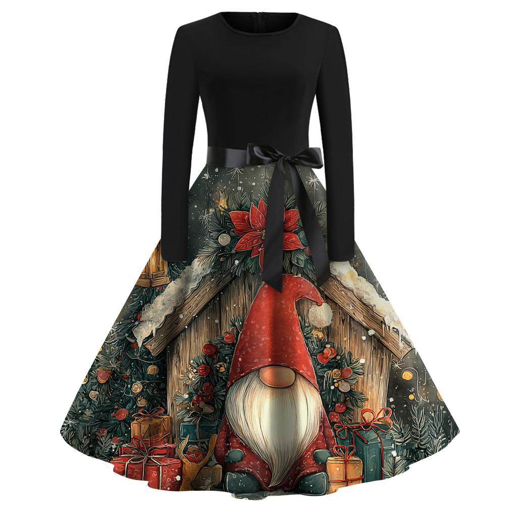 Women's Fashion Round Casual Slim Fit Christmas Print Large Swing Long Sleeve Dress