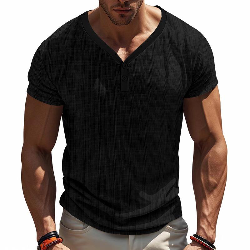 Mens American Style Casual Loose Breathable Short Sleeve Henley T Shirt