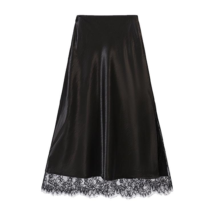 Fei Yuan Women's Satin A-line Drape Skirt, Lace-lined, Solid Color, Early Spring 2026 Fashion Arrival