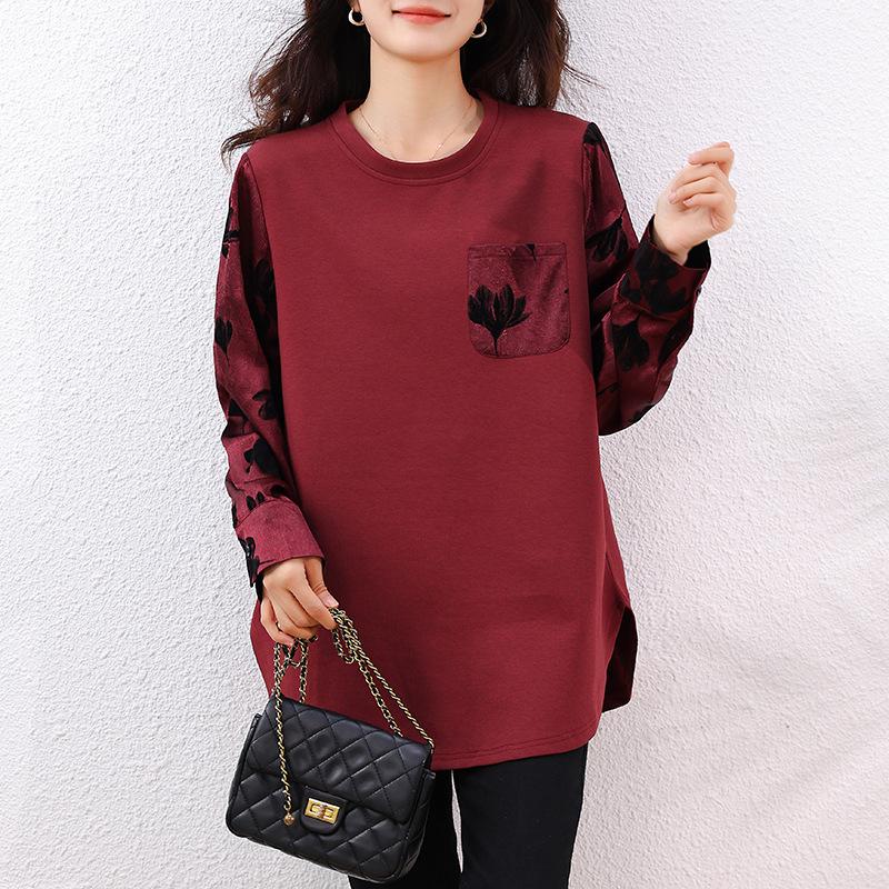 

No Pilling, Age-Reducing Casual Patchwork Hoodie for Women - Spring/Fall, Skin-Friendly, Loose Fit, Plus Size, Slimming Top XL вина червоного кольору