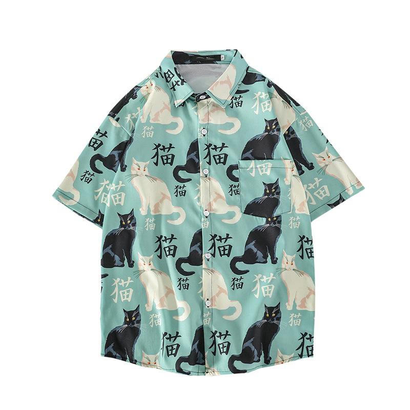 Men's Printed Retro Top Men's Summer Casual Shirt Street Style Loose Short-sleeved Lapel Shirt Trend