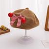 Charming Woolen Beret with Bow & Cherry for Kids - Autumn & Winter Solid Color Hat
