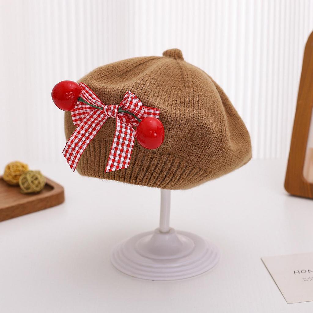 Charming Woolen Beret with Bow & Cherry for Kids - Autumn & Winter Solid Color Hat