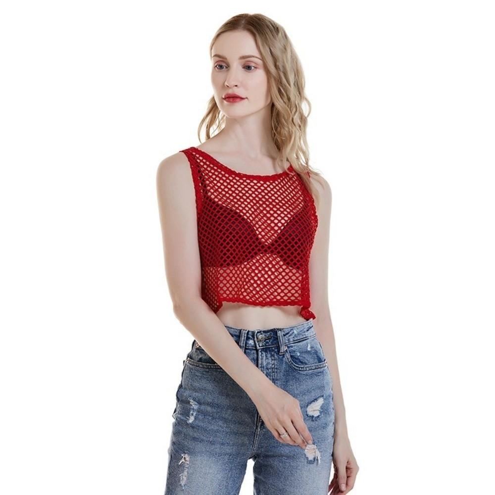 Short Vest Hollow Out Top Sexy Style Crop Top Loose T-shirt Mesh T-shirt  Female Fashion
