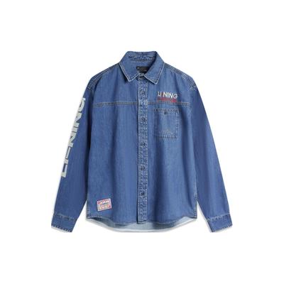 Li Ning Skateboard Series Logo Print Lockerer Washed Denim Langarmhemd Herrenhemden Mittelblau ASHU003-3