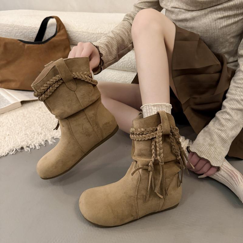 Fashion Flat Single Boots Autumn New Round Toe Suede Sleeve Soft Sole Anti-Slip Wear-Resistant Booties