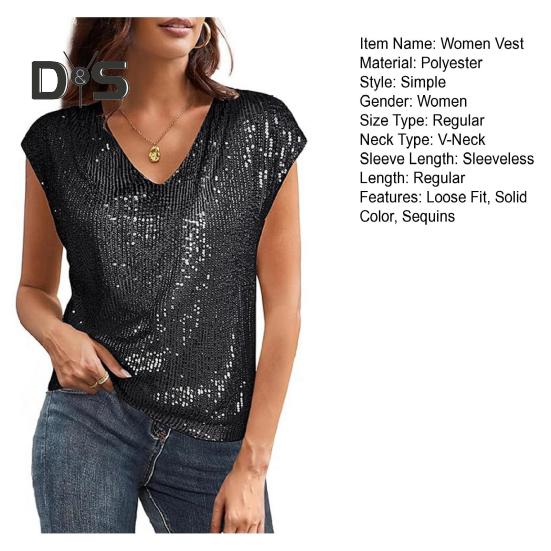 Women Vest Sparkling Sequin Tank Top V Neck Short Sleeve Elastic Party Tops Summer Loose Fit Vest Daily Wear